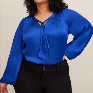 Torrid Size 3 Blue Satin Tie-Front Peasant Blouse